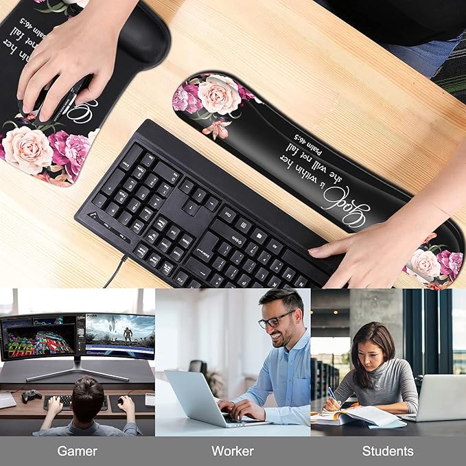 Keyboard Wrist Rest Pad and Ergonomic Mouse Pad Wrist Support Set Psalm 46:5 God is Within Her, She Will Not Fall Peony Flower for Gaming , Office, Comfortable and Pain Relief with Coaster Set