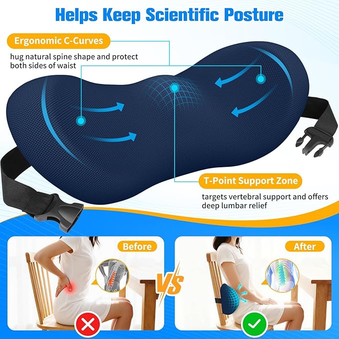 Lumbar Support Pillow for Office Chair - Memory Foam Lumbar Pillow with Detachable Strap & Breathable Cover, Ergonomic Back Support for Office Chair, Car Seat Cushion, Bed Rest (Blue)