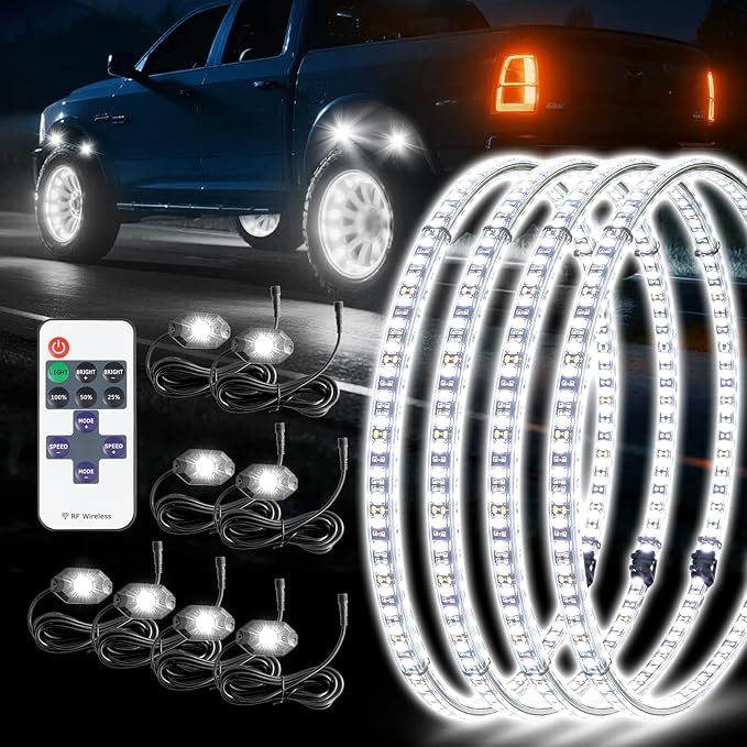 Pure White 8Pods Rock Lights and 17inch Double Row Wheel Ring Lights Combo 6000K LED Underglow Light and Rim Light Kit Fit for Trucks, Pickup