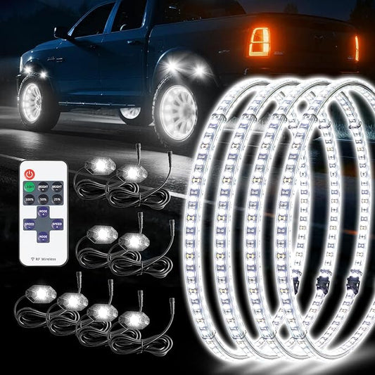 Pure White 8Pods Rock Lights and 17inch Double Row Wheel Ring Lights Combo 6000K LED Underglow Light and Rim Light Kit Fit for Trucks, Pickup