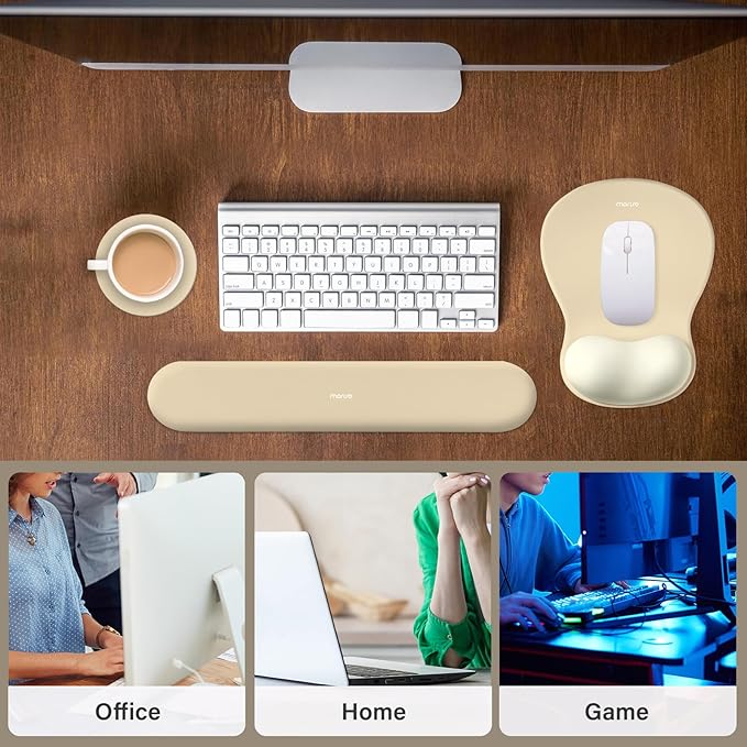 MOSISO Wrist Rest Support for Mouse Pad&Keyboard Set, Curved Ergonomic Mousepad&Coaster Non-Slip Base Home/Office Pain Relief&Easy Typing Cushion with Soft Cloth&Silicone Lining, Khaki