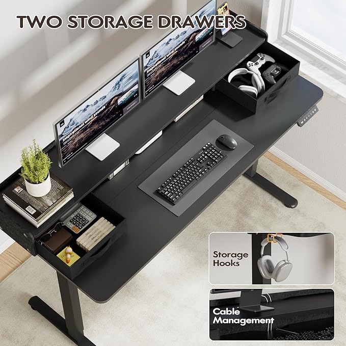 Furmax Electric Standing Desk with Drawers, Stand Up Desk with Storage Shelf Height Adjustable Computer Desk with Organizer for Home Office Ergonomic (Black, 55 Inch)
