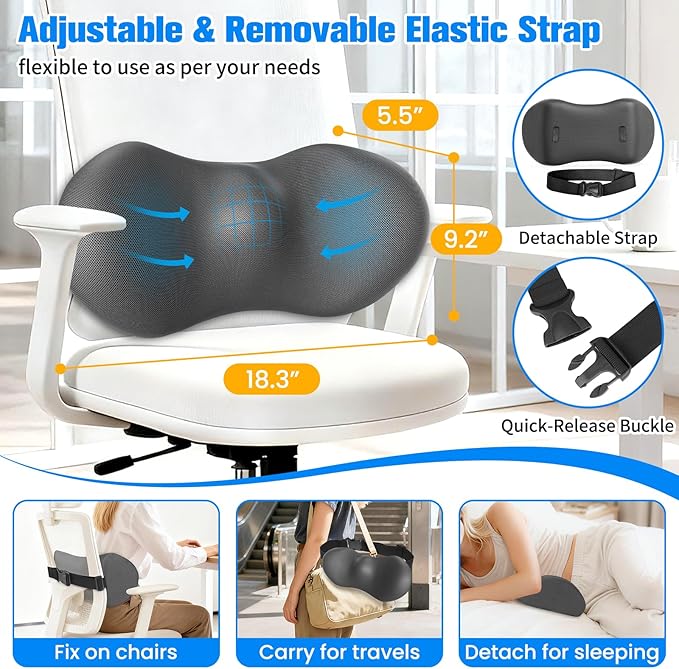 Lumbar Support Pillow for Office Chair - Memory Foam Lumbar Pillow with Detachable Strap & Breathable Cover, Ergonomic Back Support for Office Chair, Car Seat Cushion, Bed Rest (Grey)