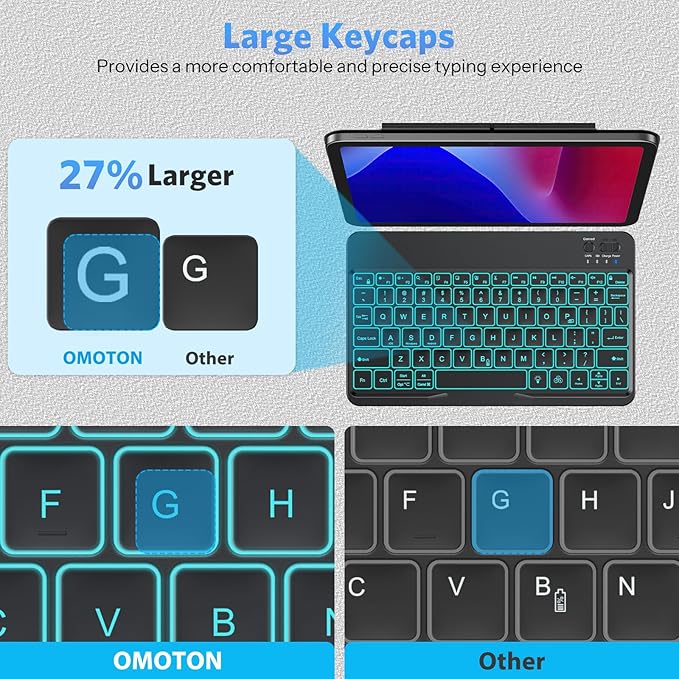 OMOTON Bluetooth Keyboard for Tablet/Android/Windows/iOS, with 7 Colors Backlight Rechargeable Wireless Mini Keyboard for Galaxy Tab A9+ / S9 FE / S10 / S11 / A11 Series etc, Black
