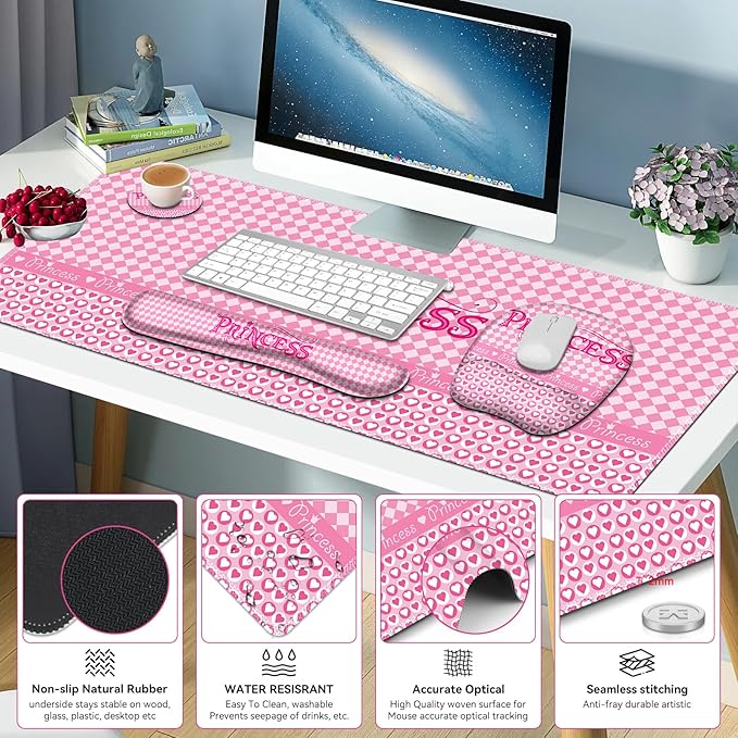 Mouse Pad with Wrist Support 4 in1 Set, XXL Big Game Mousepad + Keyboard Wrist Rest + Mouse Wrist Rest Pad +Coaster Gaming Mat for Home Office Work Computer Laptop I Pink Checkered Princess Girl