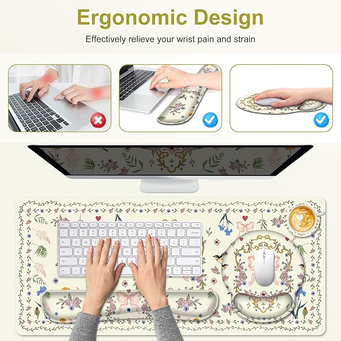 Off-White Mouse Pad, Cute Large Desk Mat Extended Nature Aesthetic Deskpad, 4 PCS Non-Slip Rubber Base Computer Mouse Pads for Work, Game, Office, Home Decor Gifts I Heart Bow & Floral Magpie