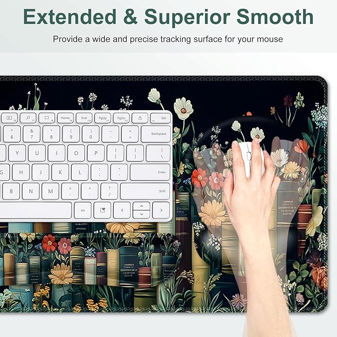 Wildflowers Mouse Pad, Large Desk Mat Extended Nature Botanical Aesthetic Deskpad, 4 PCS Non-Slip Rubber Base Computer Mouse Pads for Work, Game, Office, Home Decor Gifts I Floral Plants Books