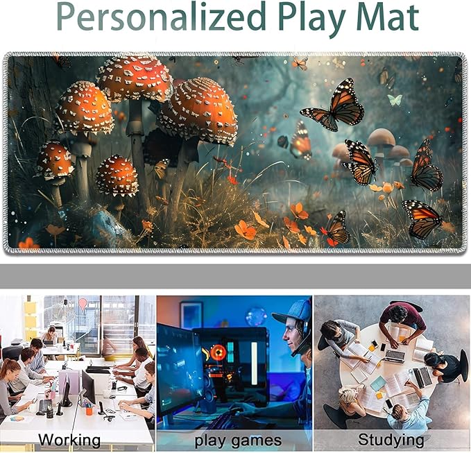 Large Gaming Mouse Pad + Keyboard Wrist Rest + Wrist Support + Coaster Set, Memory Foam Ergonomic for Easy Typing, XXL Extended Gaming Mouse Pad Table Pad - Mushroom Forest Butterfly