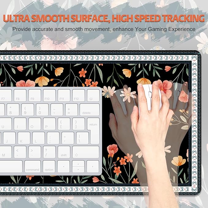Desk Pad for Keyboard and Mouse, Large Mouse Pad for Desk, Non-Slip Keyboard Mat, Computer Mats for Desk, Cute Desk Pad with Stitched Edges for Office, Gaming I Black Butterflies Flowers