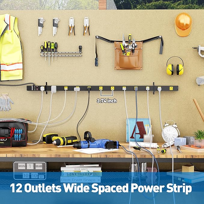 12 Outlet Long Power Strip with 6FT Power Cord, Industrial Heavy Duty for Work Bench Shop Garage, 2100 Joules Surge Protector, Wide Spaced Outlet Power Bar, ETL Certified, Black