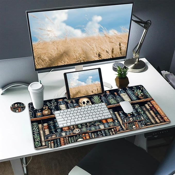 Large Mouse pad and Keyboard Support Set, Ergonomic Memory Foam Keyboard Wrist Rest, Extended Gaming Mouse Pad with Stitched Edges, Old Witchs Library XXL Desk Mat (31.5 X 11.8 in)