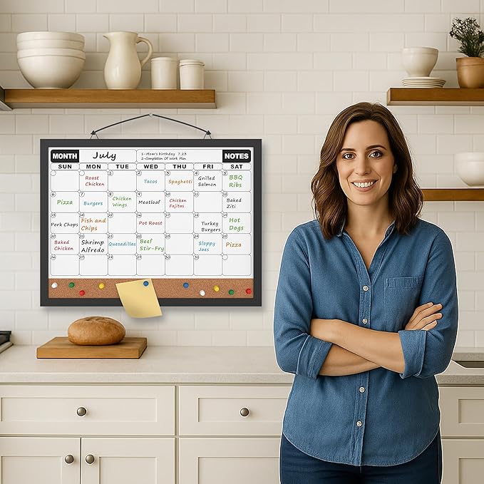 Monthly Calendar Dry Erase Board 16x12 Inch, Double-Sided Whiteboard and Corkboard Combo with Black MDF Frame, Wall Mounted Planner with Markers, Magnets, Push Pins, Eraser
