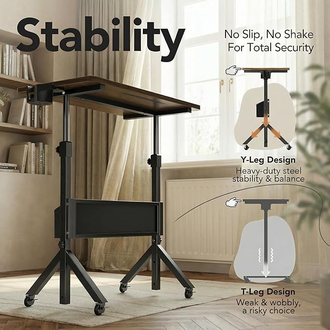 HUANUO Mobile Standing Desk with Wheels and Storage Basket, Height Adjustable 28.7"-46.1" Rolling Desk for Walking Pad, Small Space Laptop Computer Workstation for Home Office