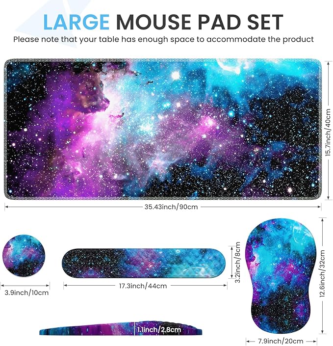 Desk Mat with Wrist Support, Desk Pad for Keyboard and Mouse, Purple Desk Mat, Keyboard Pad and Mouse Pad Combo, Carpal Tunnel Mousepad Gaming for Office, Galaxy Space Purple Nebula