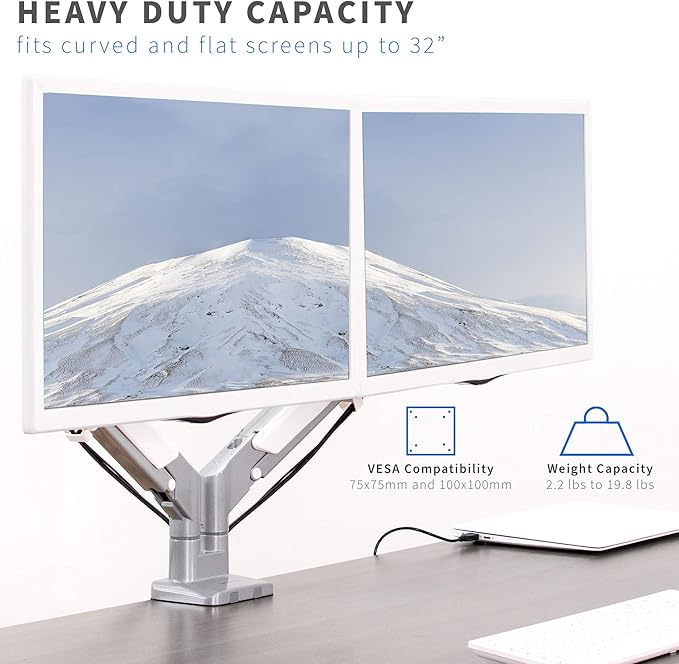 VIVO Space Saving Dual 17 to 32 inch Pneumatic Spring Arms, Aluminum Clamp-on Desk Mount Stand, Fits 2 Monitor Screens with Max VESA 100x100, Silver, STAND-V200A