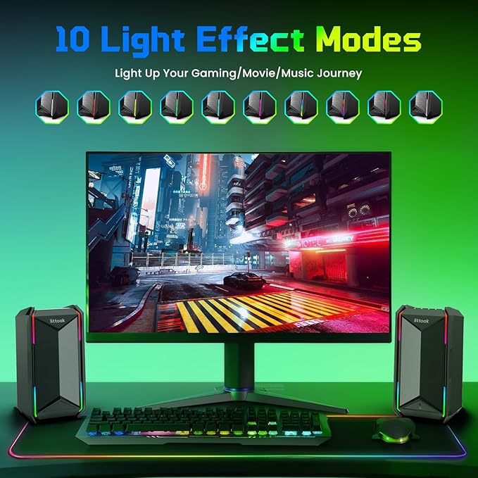 Computer Speakers for Music and Gaming, DC Adapter Powered Speakers for Desktop PC or Laptop, Bluetooth 5.3 Desktop Speaker, 10 RGB Modes, 3.5mm Aux in, Headphone Port, Type-c Port, 30W, 3 EQ
