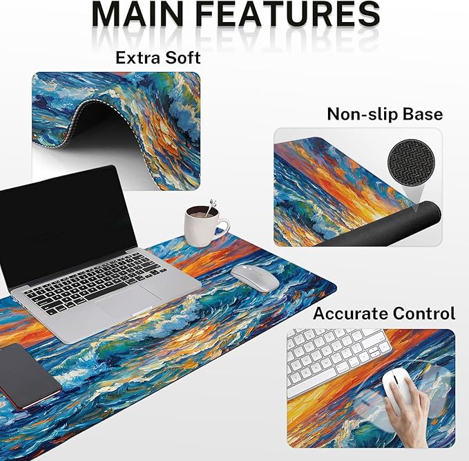 Arttown Abstract Ocean Sun Desk Mat Blue Mouse Pad Set 4 in 1 Ergonomic Design Large Mouse Pad + Keyboard Wrist Rest + Mouse Wrist Rest + Coaster Suitable for Home Office Study Game