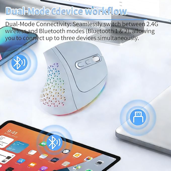 Bluetooth Wireless Dual-Mode Vertical Mouse - Silent Click, Ergonomic Comfort for Office & Home Use, Rechargeable with LED Breathing Light, Compatible with Multiple Devices (Blue)