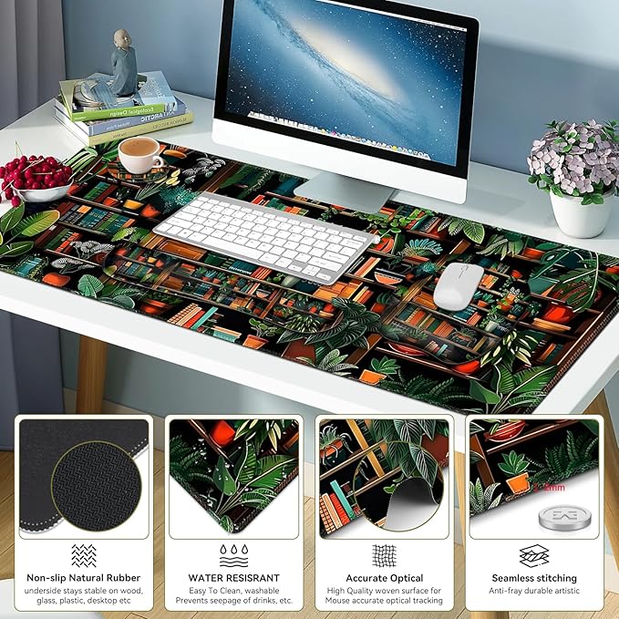 Mouse Pad with Wrist Support 4 in1 Set, XXL Big Game Mousepad + Keyboard Wrist Rest + Mouse Wrist Rest Pad +Coaster Gaming Mat for Home Office Work Computer Laptop PC I Green Vine Book Forest