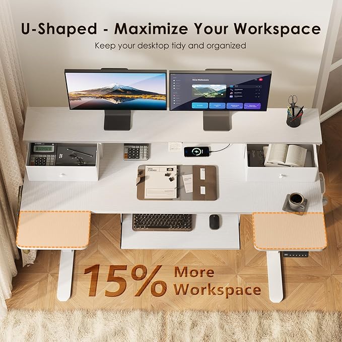 OffiGo U Shaped Electric Standing Desk with Drawers, 55 Inch Height Adjustable Desk with Keyboard Tray ＆ Ergonomic Monitor Stand, Sit Stand Table with Power Outlets for Home, Office, White