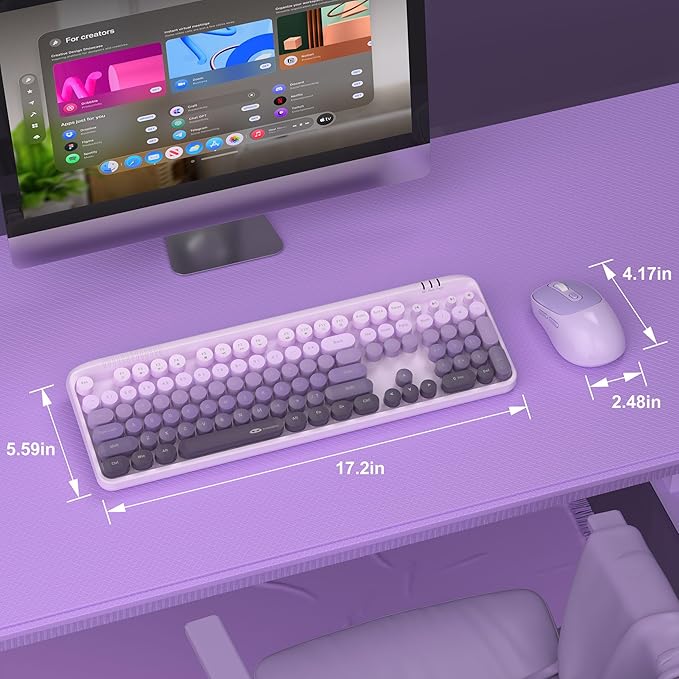 Wireless Keyboard and Mouse Combo Round keycaps Retro Typewriter Keyboard 104 Key Full-Sized Keyboards Automatic Power Saving 2.4GHz Wireless Connection for Mac/Windows/PC