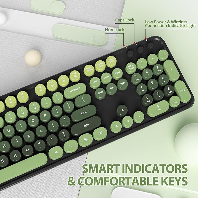 Black Green Keyboard and Mouse Combo Wireless, 2.4G Full Size 104-Key Retro Typewriter Keyboards Round Keys for Students Teenagers Home Office PC Laptop(Dark Green)