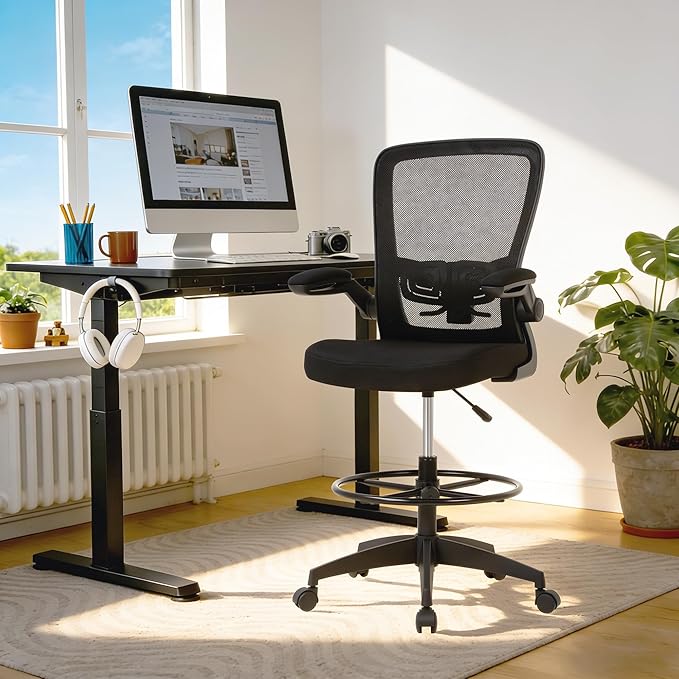 BestOffice Drafting Chair Tall Office Chair Adjustable Height with Lumbar Support Flip Up Arms Footrest Mid Back Task Mesh Desk Chair Computer Chair Drafting Stool for Standing Desk
