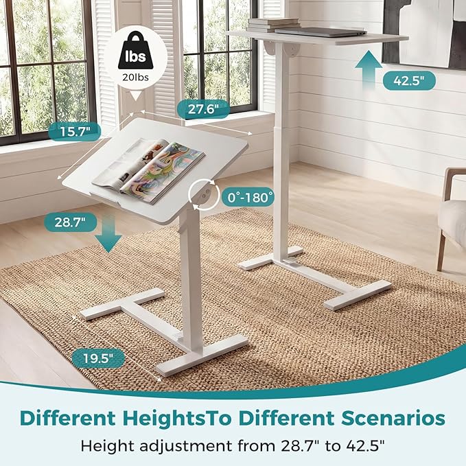 OLIXIS Mobile Standing Desk, Height-Adjustable Computer Cart with Pneumatic Lift, Portable Computer Workstation Cart for Bed, Couch, Office, Sofa, Brown