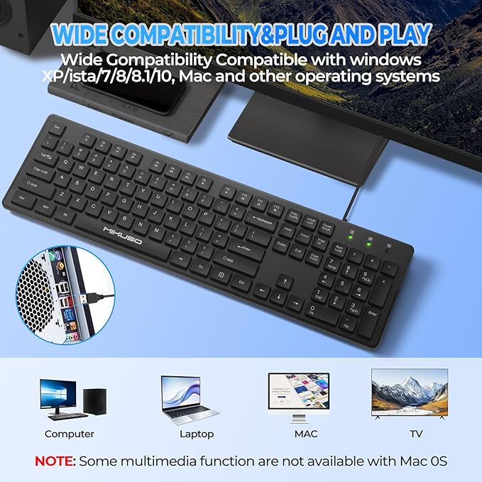 Fade-Proof Lettering Wired Keyboard Full Size - Black Office Keyboard With Laser Etched Keys, Integrated Bracket, Spill-Resistant Design 5.2ft Usb Cable For Windows - Ergonomic Typing For Home Office
