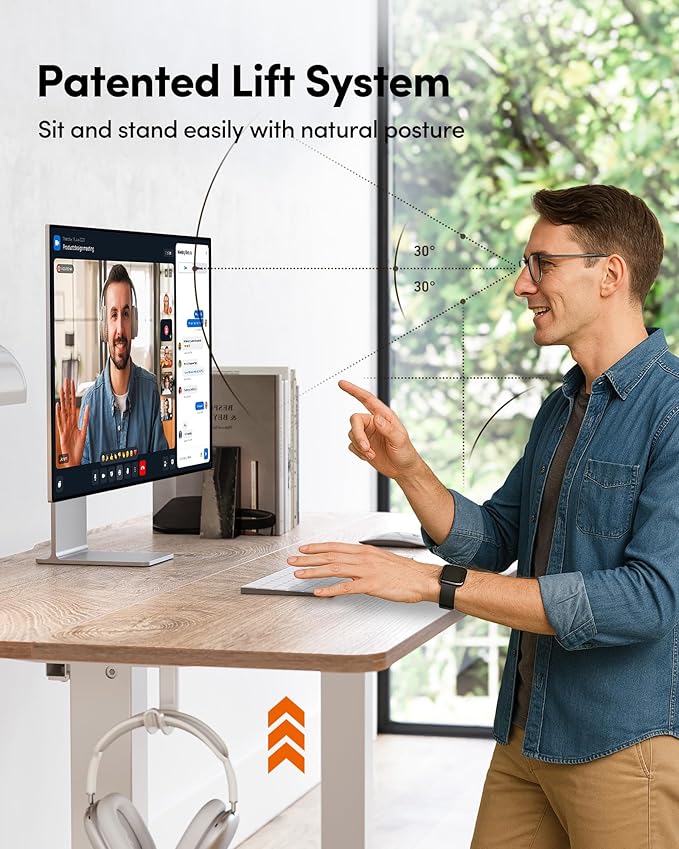 FEZIBO 55 x 24 Inchs Electric Standing Desk, Height Adjustable, Sit Stand Up, Computer Office Desk with Splice Board, White Frame/Maple Top