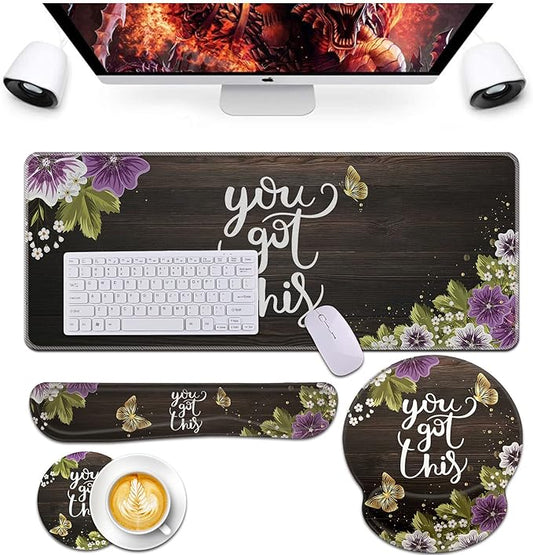Bxgolkgd Keyboard Wrist Rest and Mouse Pad Wrist Support Set,Ergonomic Memory Foam Wrist Pad & Non Slip Base for Home Office Working Studying Easy Typing,Pain Relief,Flower Butterfly You Got This
