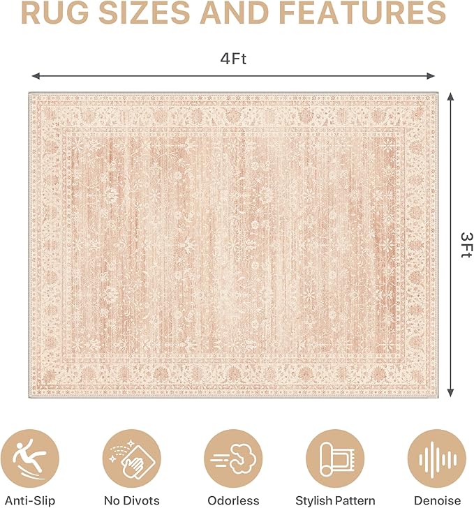 36"x48" Office Chair Mat for Hardwood Tile Floor, Under Desk Carpet Protector for Rolling Computer Chair Mat, Machine Washable Area Rug, Anti-Slip 1/5" Thick Low Pile Thin Vinyl Floor Mat, Dusty Pink