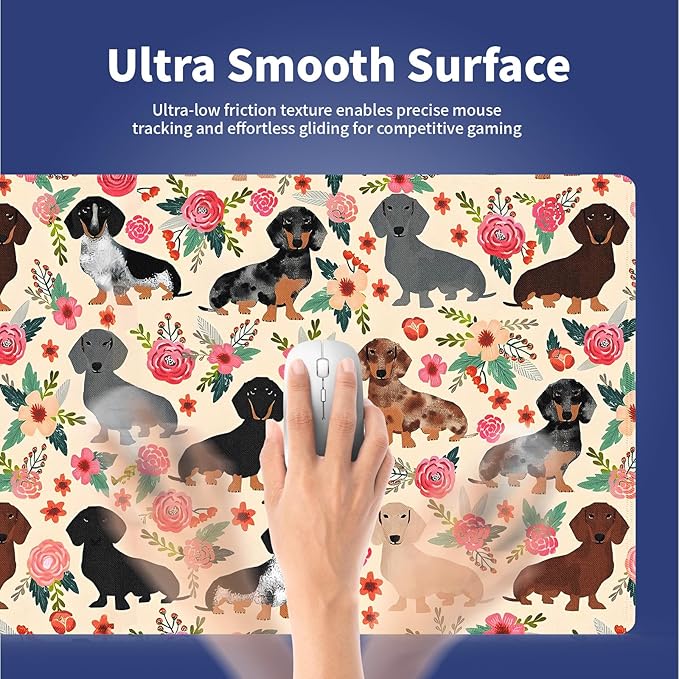 XXL Gaming Mouse Pad with Stitched Edges for PC Home & Office - Colorful Floral Dachshund Dogs Cute Puppies Pink Flowers Seamless Design, Smooth Fabric Surface Anti-Slip Base Large Desk Mat