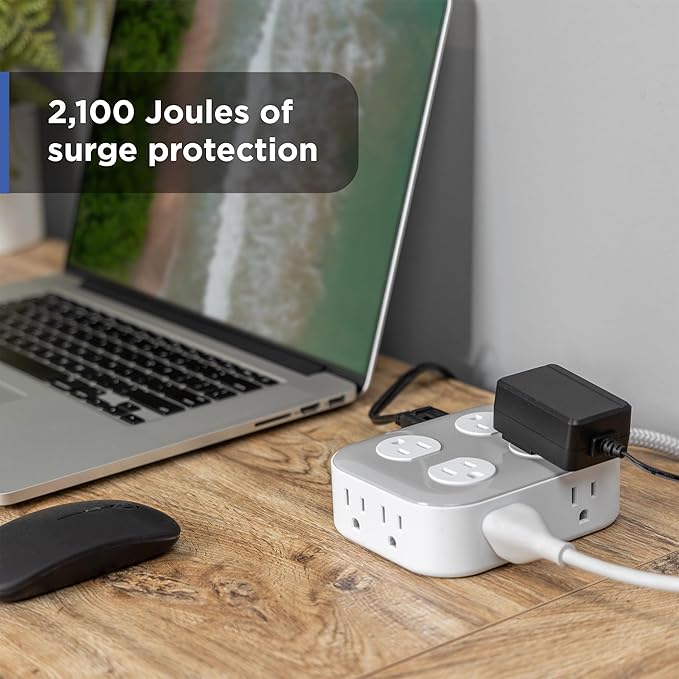 GE UltraPro 10-Outlet Surge Protector, 2100 Joules, 4ft Braided Extension Cord, Flat Plug, Power Strip with Wide-Spaced Outlets, Gray/White, 84860