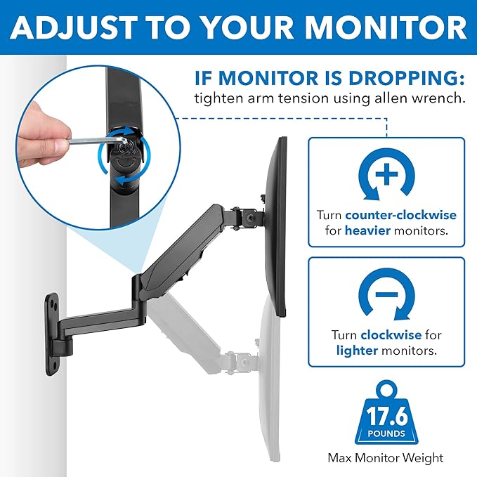 Mount-It! Dual Monitor Wall Mount Bracket - Double Computer Monitor Wall Mount With Two Height Adjustable Full Motion Arms Tilt up to 17" - 32" Inch Screens with 75, 100 VESA Patterns, 19.8 Lb Per Arm