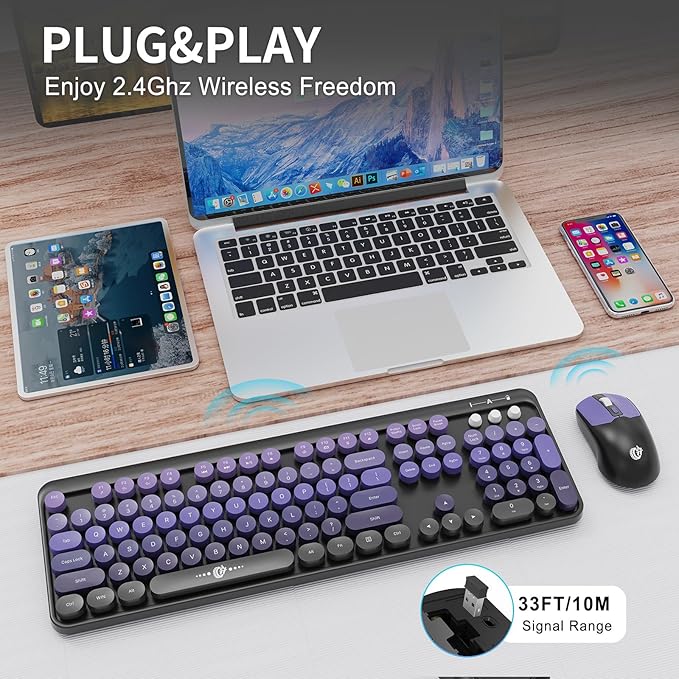 Wireless Keyboard Mouse Combo,Typewriter Cute Retro Style,104 Round Key Colorful Keyboard with Number Pad,Letton Full Size Keyboard Mouse with 3 DPI for PC Laptop Computer-Black Purple