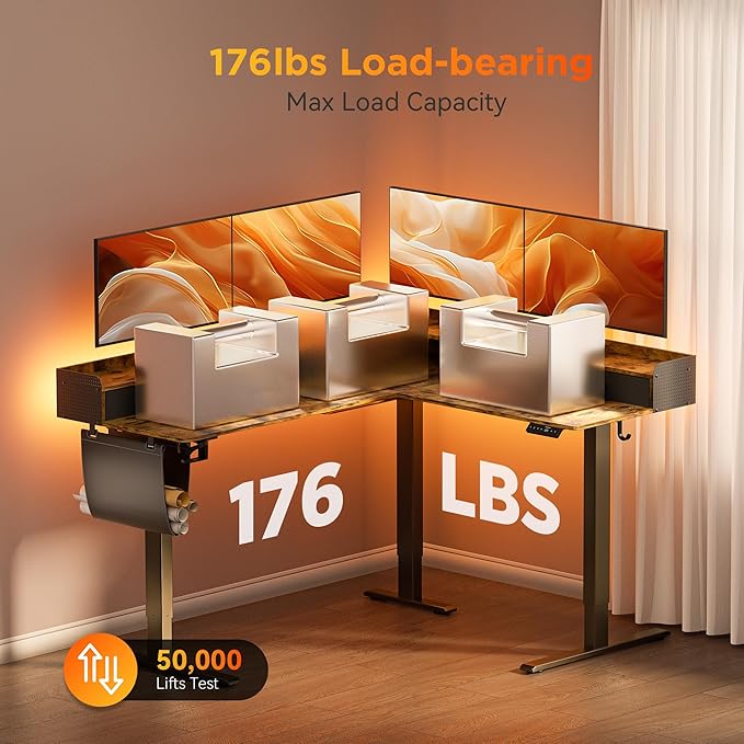 63 Inches Height Adjustable L Shaped Standing Desk with 3 Drawers and Monitor Shelf, Electric Corner Comupter Desk, Sit Stand up Home Office Desk, Ergonomic Gaming Desk, Rustic Brown