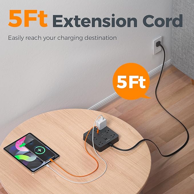TESSAN Black Surge Protector Power Strip, Flat Plug Extension Cord 5 FT with 6 Outlets 3 USB Charger (1 USB C), 1700J Protection Multiple Outlets Charging Station for Home, Office, College Dorm Room
