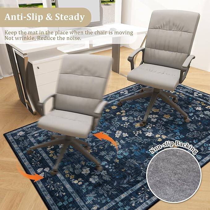 chakme Office Chair Mat for Hardwood Floor, 60"x45" Easy Glide Computer Desk Mat Protector for Rolling Chair Under Desk Rug Nonslip Backing, Machine Wash, (Floral)