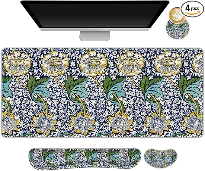 DINKY Large Mouse Pad and Keyboard Wrist Rest Set, Extended Mouse Pad with Wrist Support, Non-Slip Desk Mat Protector Desk Blotter for Keyboard and Mouse, Floral Art