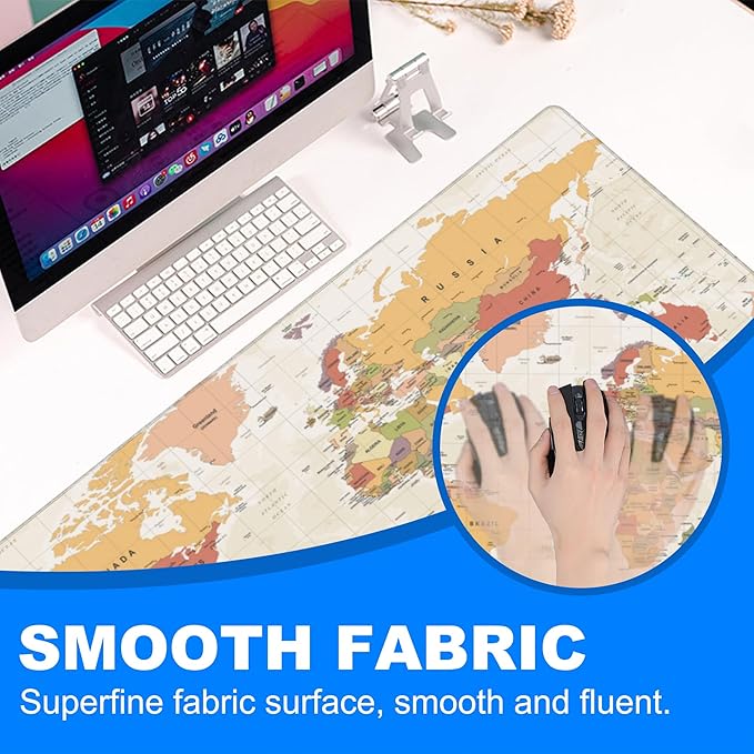 Desk Mat, Yellow Vintage World Map Extended Gaming Mouse Pad Large, 35.4"x15.7" Big Mouse Pad with Non-Slip Base and Stitched Edge, Long Computer Keyboard Mouse Mat for Home Office Work