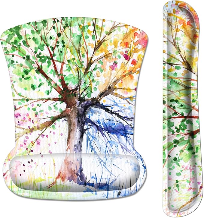 Ergonomic Mouse Pad with Wrist Rest Support and Keyboard Wrist Rest Pad, iDonzon Cute Wrist Pad with Non-Slip Rubber Base and Raised Memory Foam, Easy Typing & Pain Relief, Four Seasons Tree
