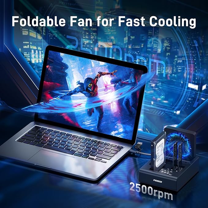 FIDECO M.2 NVMe SSD Cloner and Duplicator, 3-Bay Hard Drive Cloner Dock for M.2 NVMe SSD and 2.5"/3.5" SATA HDD, Hard Drive Reader with Foldable Cooling Fan, Ultimate Heat Dissipation, Tool-Free