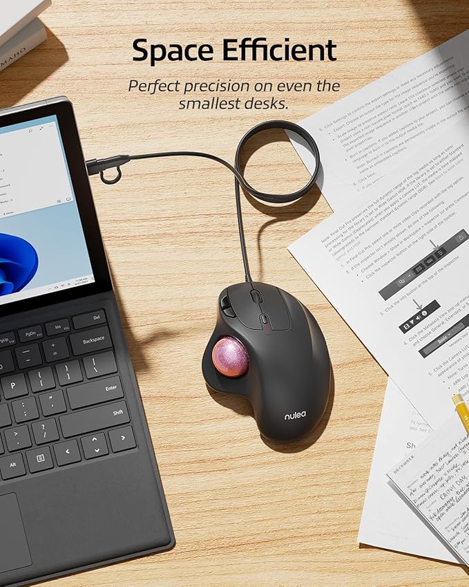 Nulea M509 Trackball Mouse Wired, Ergonomic Design, Easy Thumb Control, Precise & Smooth Tracking, 2-in-1 Interface (Type A &Type C), Compatible for PC, Laptop, Mac, Windows(Pink).