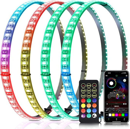 Tavaray 4PCS 17" RGB LED Wheel Ring Lights with APP & Remote Control, 178+DIY Dynamic Modes w/Turn Signal Braking and Reverse Function, IP67 Waterproof Wheel Lights for Trucks Pickups Cars Offroad