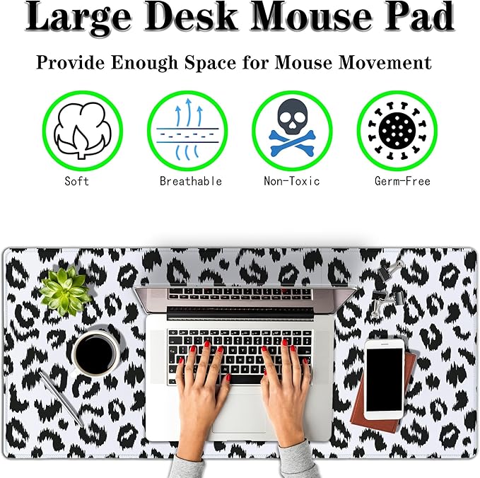 Large Gaming Mouse Pad - White and Black Desk Mats, Non-Slip Rubber Base 35.4 X 15.7 for Game Office, Leopard Print