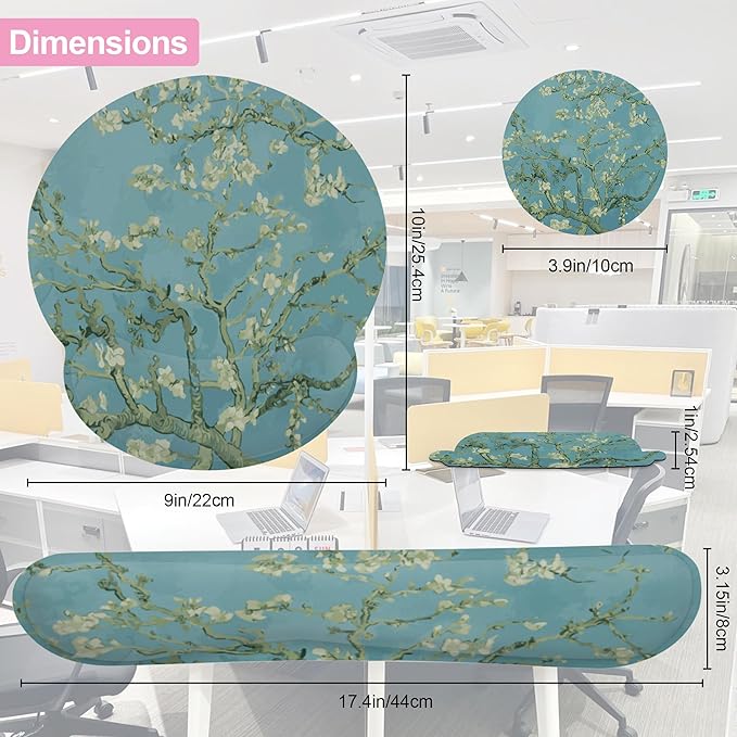 Blossoming Almond Tree Keyboard Wrist Rest Pad and Mouse Pad Wrist Support Set,White Flower 3-in-1 Ergonomic Mouse Pad with Non-Slip Rubber Base for Home Office Game Computers Desk,