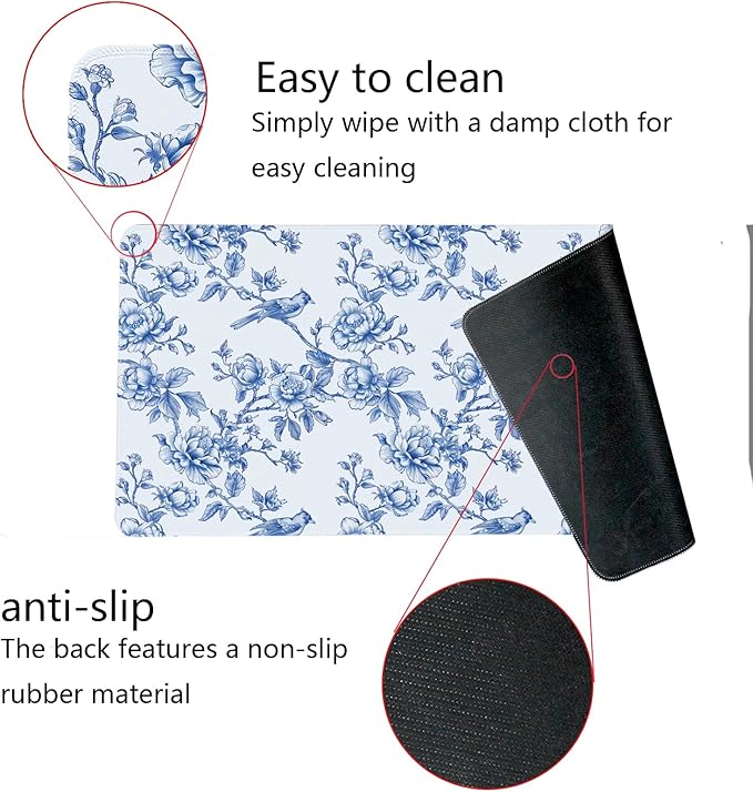 Navy Blue Chinoiserie Mouse Pad,Vintage Blue and White Floral Desk Mat,XL Large Flowers and Birds Preppy Mouse Pad,Girly Laptop Desk Mat for Dorm Home Office,23.6x11.8 Inch