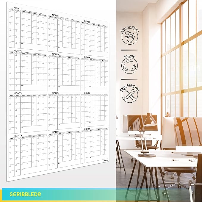Large White Board Calendar 36"x48" Dry Erase Calendar for Wall Big Dry Erase Wall Calendar Yearly Monthly Wall Calendar Dry Erase Board Planner Includes 6 Markers Eraser Push Pins & Mounting Tape