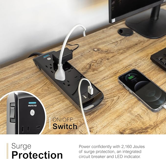 GE Pro 7-Outlet Surge Protector, 2 USB Ports, 3 Ft Extension Cord, 1780 Joules, 2.1 AMP/10 Watt, 3 Adapter Spaced Outlets, Flat Plug, Wall Mount, Warranty, ETL Listed, Black, 37054